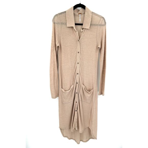 FREE PEOPLE Beige Linen Button Up Lightweight Duster Cardigan Sweater Medium - Picture 1 of 7